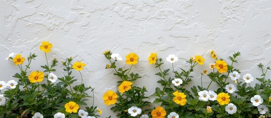 Poster - A close up image of yellow and white flowers in a flowerbed set against a white wall with ample copy space for adding text