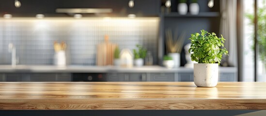Aufkleber - Contemporary well lit kitchen with a blurred background featuring a designated area on the right for a copy space image or a model