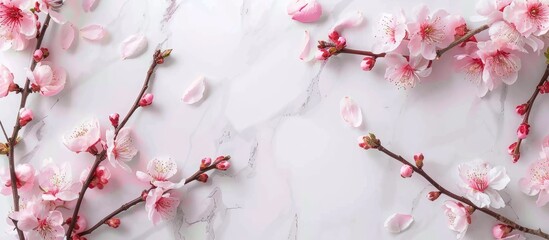 Wall Mural - Aesthetic sakura blossoms on white marble table with copy space image for text