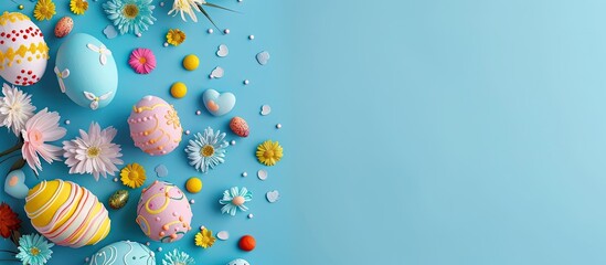 Fototapete - Blue Easter background adorned with colorful eggs and decorations in a flat lay arrangement featuring ample copy space image