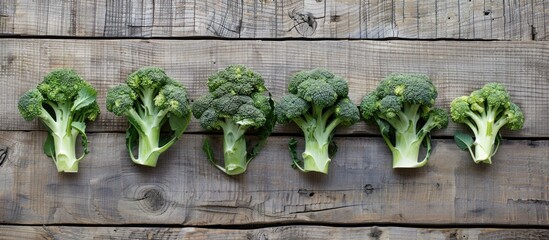 Poster - Broccoli arranged on a wooden surface in a flat lay composition with copy space image