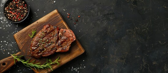 Poster - Top view of a beef steak with herbs and spices on a cutting board against a stone background with copy space image