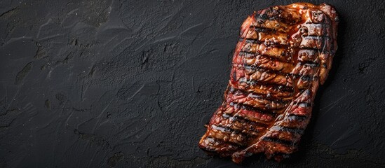 Poster - Top view of a BBQ Strip New York steak on a black background with copy space image