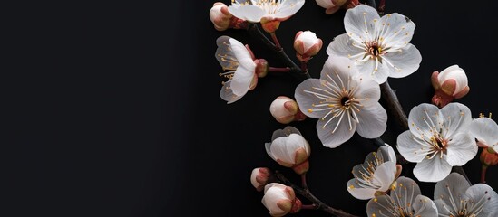 Fototapete - Top view of apricot blossom against black backdrop ideal as a spring banner with copy space image