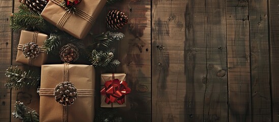 Fototapete - Christmas presents elegantly adorned against a rustic wooden backdrop with plenty of copy space image