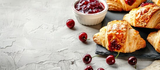 Aufkleber - Delicious pastries with cherry jam on a bright background with copy space image