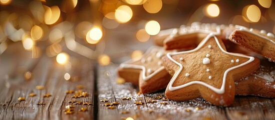 Aufkleber - A close up of star shaped gingerbread cookies on a wooden table with a bokeh of golden New Year s lights in the background creates a festive copy space image for a winter greeting card showcasing del