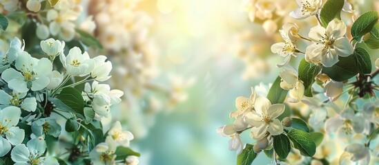 Poster - Beautiful apple tree branches adorned with white flowers and green leaves in full bloom creating a stunning floral border frame perfect for a copy space image on a sunny day in spring or summer