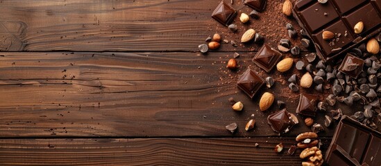 Poster - Colorful wooden background with chocolate pieces and nuts creates an appealing copy space image