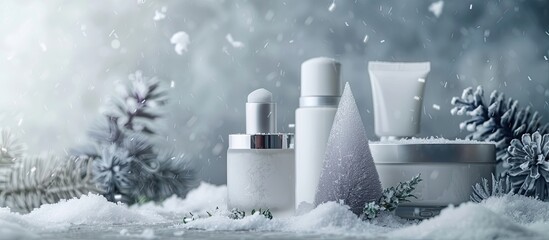 Poster - Cosmetic products displayed on a grey backdrop with a snowy effect featuring copy space image