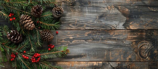Poster - Top view of Christmas tree branches pine cones and red berries on an old wooden background with copy space image Ideal for Christmas winter holiday and New Year themes