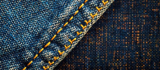 Aufkleber - View from above of denim fabric with a prominent double yellow seam creating a captivating background texture perfect for copy space image