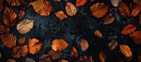 Leinwandbilder - Autumn leaves elegantly contrast a dark backdrop creating an engaging copy space image