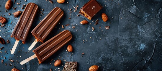 Poster - Chia popsicle with raw carrot cake and chocolate on a dark blue backdrop ideal as a homemade vegan Easter dessert featuring ample copy space for text