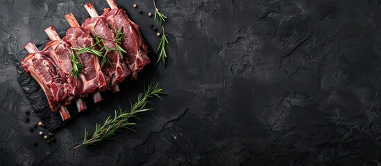 Poster - A butcher table displaying a raw rack of lamb ribs with a dark background in a top view Ample copy space for customization in the image