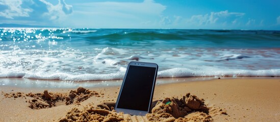 Leinwandbilder - A cellphone on the sandy shore with a beautiful seascape in the background suitable as a copy space image