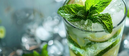 Canvas Print - Close up image of a refreshing mojito cocktail garnished with fresh mint featuring rum lime and soda with copy space image