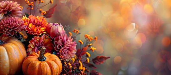 Poster - A beautiful arrangement of autumnal pumpkins and flowers with copy space image