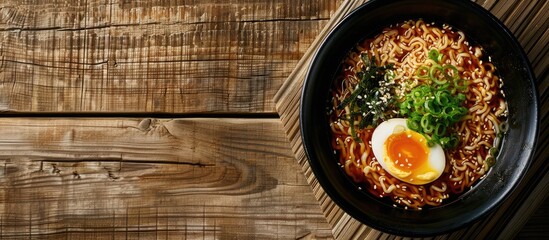 Fototapete - Top down view of delectable miso ramen with an egg in a bowl on a wooden surface ideal for adding text such as in a copy space image
