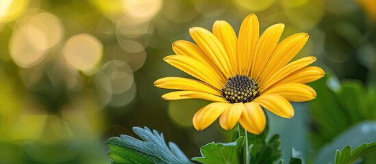 Aufkleber - Beautiful close up photo of a vibrant fully bloomed yellow African cape daisy with a lush green backdrop ideal for copy space image
