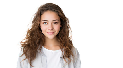 Portrait of a smiling teenage brunette with long black hair isolated on white background.