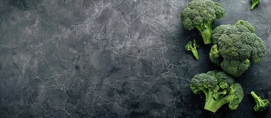 Poster - Display fresh whole and sliced broccoli on a textured slate stone plate against a gray background perfect for recipes with available copy space image Organic produce ideal for daily dining