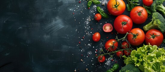 Poster - Dark background showcasing vegetables with ample copy space for a healthy meal menu pricing details against a black chalkboard backdrop featuring tomatoes