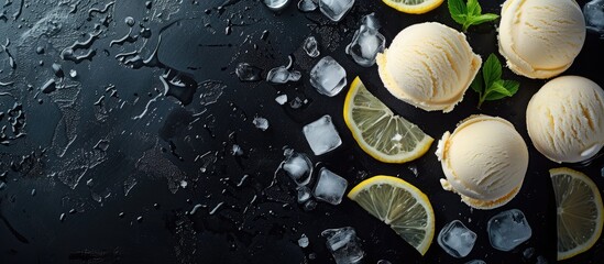 Poster - Delicious cold dessert featuring ice cream scoops lemon slices and ice cubes on a black background Ample copy space for customization