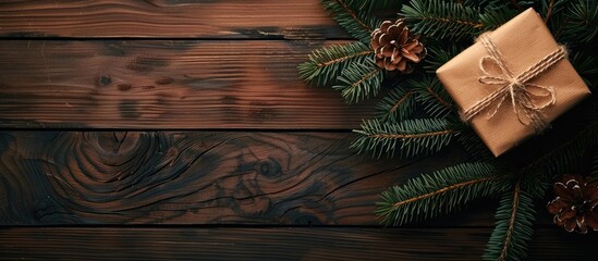 Poster - A Christmas present box sits beside a fir tree branch on a wooden table seen from above with room for text or an image in the scene. Creative banner. Copyspace image