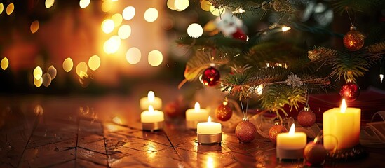 Leinwandbilder - Candles illuminated under the festive Christmas tree creating a cozy holiday ambiance with copy space image