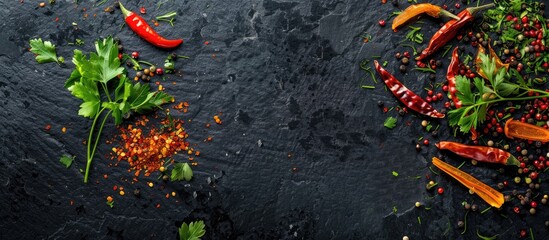 Poster - Top view of an array of vibrant spices like chili flakes mixed pepper parsley herbs and red paprika on a dark black slate background with copy space image