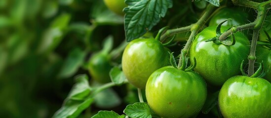 Aufkleber - A close up of a bunch of green tomatoes on a bush in the garden isolated with copy space image