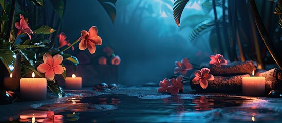 Aufkleber - Dark lit spa scene adorned with exotic flowers providing a copy space image