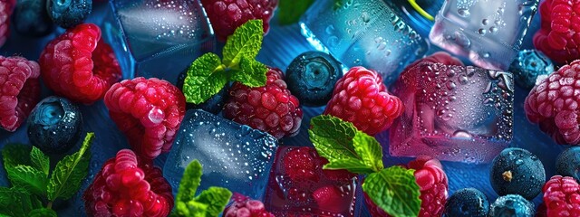 Wall Mural - frozen ice cubes with berries. Selective focus.