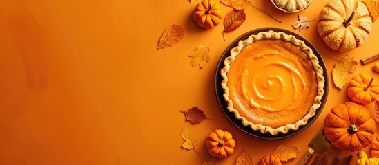 Fototapete - Delicious pumpkin pie displayed on a vibrant background with copy space image