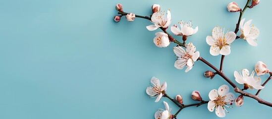 Poster - Blooming apricot flowers against a blue backdrop with copy space image