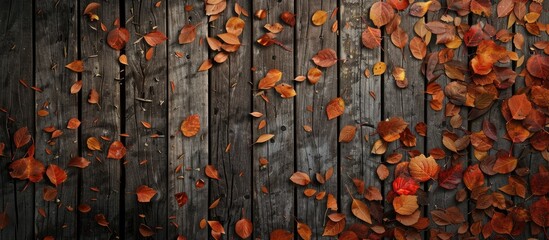 Aufkleber - Autumn leaves scattered across a grunge background with wooden planks create a rustic and natural ambiance in the copy space image