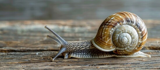 Poster - A close up image of a stylommatophora snail on a wooden table gazing at the camera with an isolated background creating space for additional content