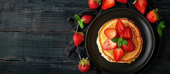 Poster - Top view of cheese pancakes and strawberries displayed on a dark plate against a black wooden backdrop with ample copy space image