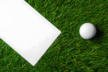 Poster - Golf ball and white paper on green artificial grass, top view with space for text