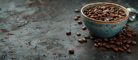 Aufkleber - Coffee cup with beans on rustic table with dark background perfect as a copy space image