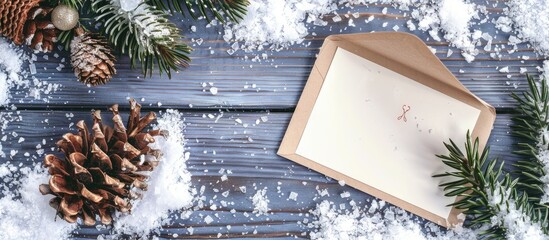 Aufkleber - View a Christmas themed copy space image with a card pine cone and branch on a snowy wooden background