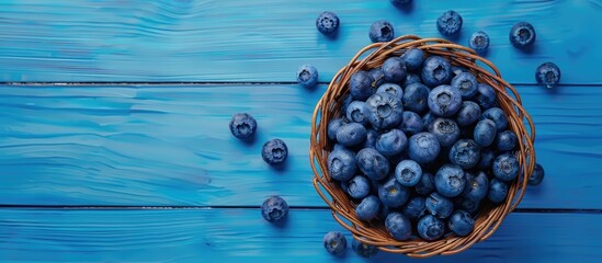 Poster - Blueberries in a wicker bowl on a blue wooden table in a flat lay shot Background concept with a copy space image for healthy nutrition and vitamins