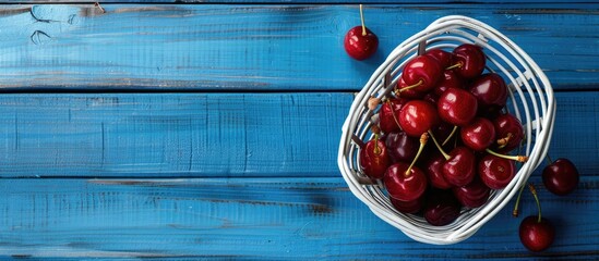 Aufkleber - Cherries placed in a white basket against a blue wooden backdrop in a close up top view with ample copy space for customization in the image