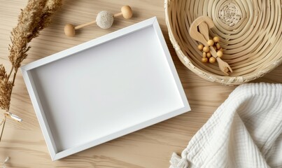 Wall Mural - A white tray on a wooden surface with rustic decor creating a mi