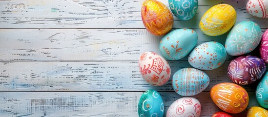 Poster - Colored Easter eggs on white wood background with space for text or image. Creative banner. Copyspace image