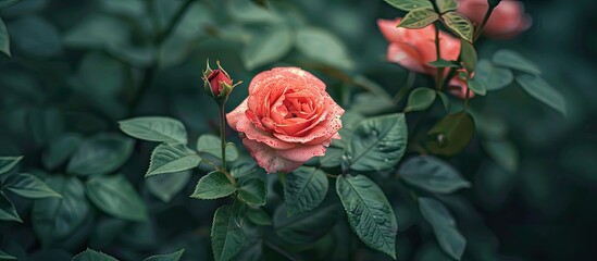 Poster - Blooming garden roses with a spotted red bud set against a green foliage background providing a visually appealing copy space image