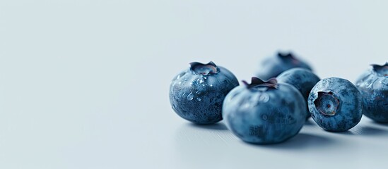 Wall Mural - Blueberry positioned on a white backdrop in soft focus with a blue or purple hue making it a potent antioxidant rich fruit Valuable for its nutrition with a clean white background for a copy space ima