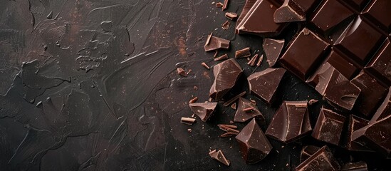 Poster - Dark chocolate pieces arranged on a dark table with copy space image