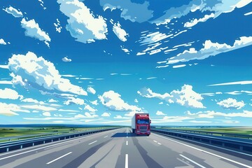 Poster - A red semi-truck drives on a paved highway with an open horizon, blue sky, and white fluffy clouds. Generative AI